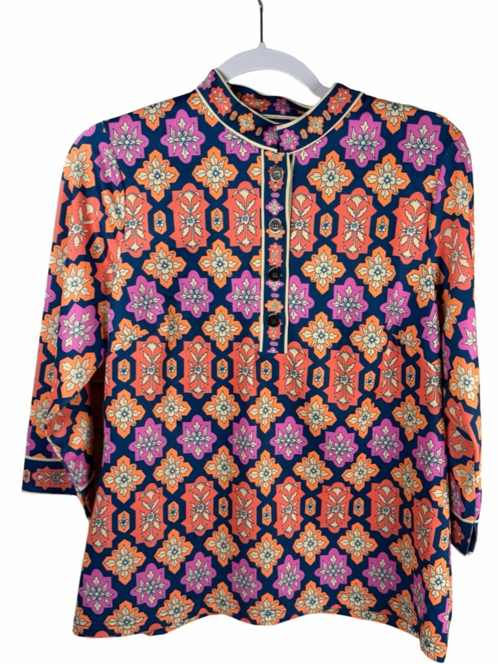 Gretchen Scott Medium Blue pink Medallion Lattice Geometric Print 3/4 Sleeve Top